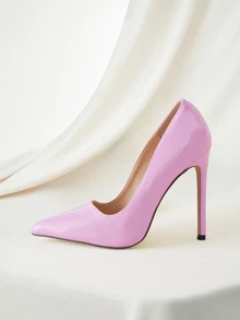 Clariva Tacones de aguja con material brillante tipo espejo para mujer, nuevos diseños 2025 de tacones altos color rosa, elegantes, bombas para mujer, elegantes, tacones puntiagudos - Rosa - Ver 5