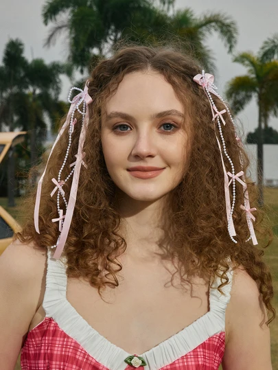 Hatastic 2个粉色流苏发夹，女士女孩纯色丝带流苏蝴蝶结鳄鱼夹，仿珍珠流苏蝴蝶结发夹，优雅仿珍珠流苏蝴蝶结发卡，婚礼度假双马尾蝴蝶结发夹，女士发饰，爪夹，发爪，发卡