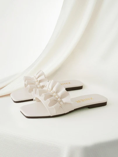 Clariva Women Faux Pearl Decor Ruffle Trim Flat Sandals, Fashionable Beige Slide Sandals For Summer Valentines