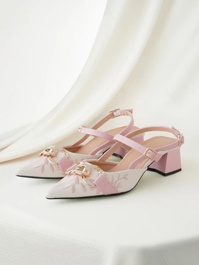 Clariva Women's Floral Embroidery Chain Decor Chunky Heel Pointed Toe Buckle Strap Peep Toe High Heel Pumps, Elegant Shoes Suitable For Daily, Party, Formal Occasions, All Seasons, Autumn, Comfortable & Versatile Pink High Heels, Peep Toe High Heels, Suitable For Christmas, New Year, Valentine's Day