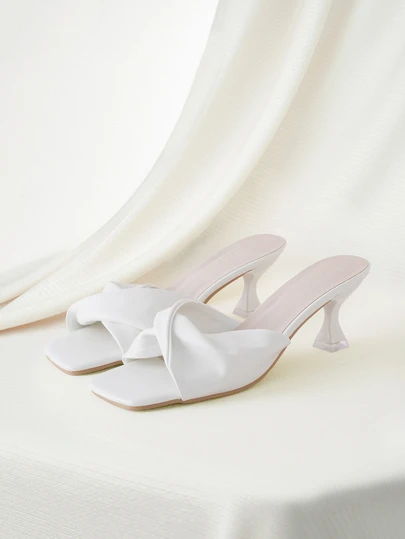 Clariva Women's Fashion Square Toe Glossy White Slip-On Stiletto Heel Sandals, Versatile Plus Size Elegant High Heels