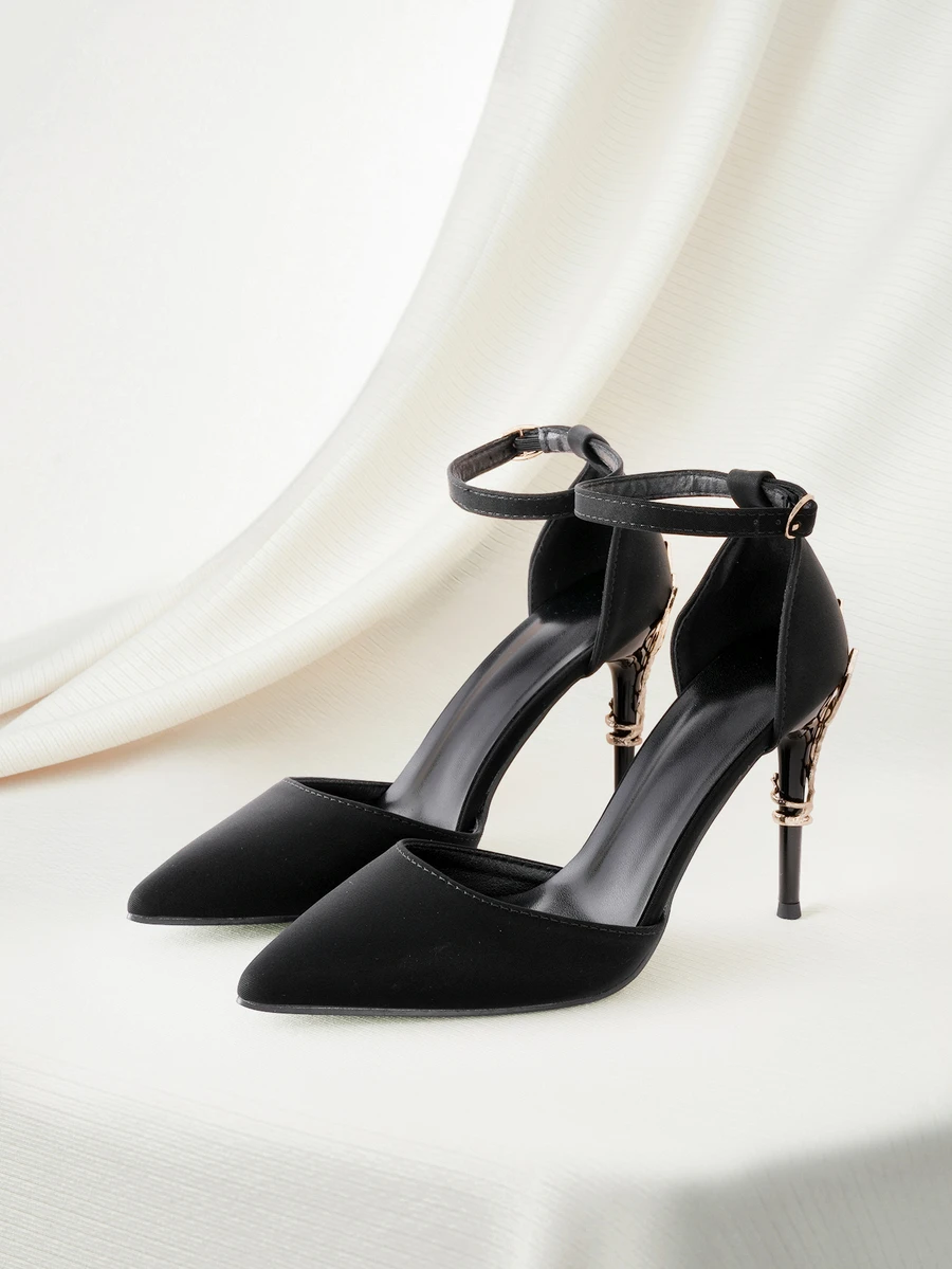 Clariva Fall/Winter 2025 European And American Luxury Sexy Women's Shoes, Fashion Metal Flower Stiletto High Heels, Pointed Toe Strap Sandals, Women Pumps, Elegant, Party Outfits - Black - View 1