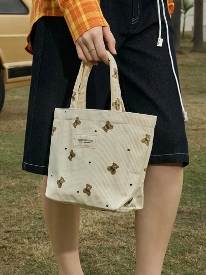 Hatastic 1pc Mibai Kaqi Women's Canvas Tote Bag, Pink & Light Blue Bear Pattern, Women's Handbag, Shoulder Bag, Birthday Gift For Mom, Crossbody Bag, Work Bag, School Tote, Small Handbag, Canvas Bag, Zipper Tote, Women's Shoulder Tote , Blue