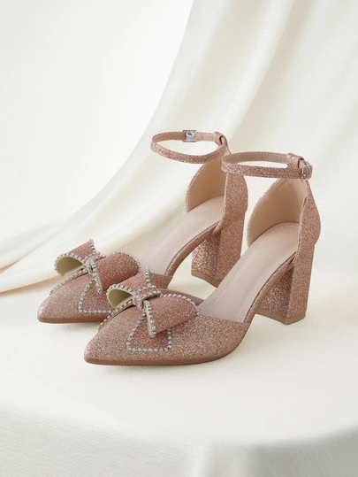 Clariva 女士时尚粗跟单扣水钻蝴蝶结婚礼派对尖头高跟鞋，舒适性感，春秋季，优雅，女士高跟鞋，优雅