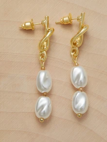 1pair Knotted Shaped Metal Asymmetrical Pearl Pendant Earrings Valentine's Day Wedding Wedding - Gold - View 1