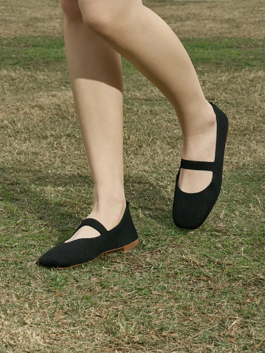 Hatastic 编织玛丽珍平底鞋，系带针织方头休闲鞋，女士春夏音乐节 - 黑色 - 查看 1