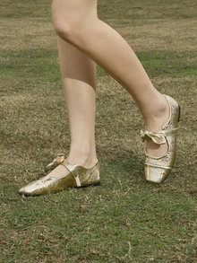 Hatastic 2025 Autumn Spring Summer New Low Vamp Bow French Style Soft Leather Square Toe Low-Heeled Shoes,Ballet Flats - Gold - View 4