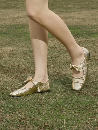 Hatastic 2025 Autumn Spring Summer New Low Vamp Bow French Style Soft Leather Square Toe Low-Heeled Shoes,Ballet Flats