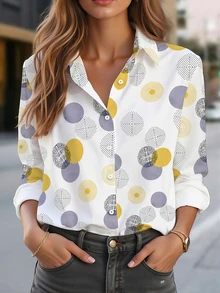 女士几何印花长袖翻领衬衫，常规长度 - 白色 - 查看 1