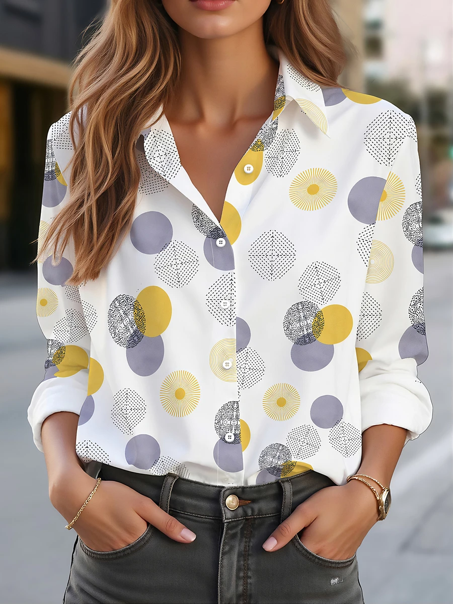 女士几何印花长袖翻领衬衫，常规长度 - 白色 - 查看 1