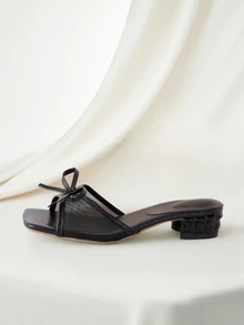 Clariva 夏季新款软皮方头凉鞋，网眼透气蝴蝶结粗跟凉鞋，百搭厚底拖鞋，女士黑色高跟鞋 - 黑色 - 查看 5