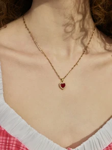 Hatastic 1pc Elegant Heart Copper Pendant Necklace, Heart Shape Necklace, Cubic Zirconia, Stainless Steel Chain, Summer Jewelry Gift For Girls And Women - Multicolor - View 2