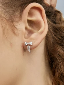 Hatastic Top-Grade Celebrity Design, High-End Feel, S925 Sterling Silver, Classic Large Zirconia Bow Tassel Earrings, Ideal Gift For Family, Friends, And Couples Music Fest - Silver - View 2