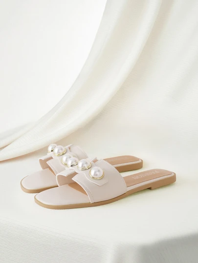 Clariva 女士平底凉鞋，配人造珍珠，时尚露趾防滑纯色拖鞋，多功能户外鞋情人节