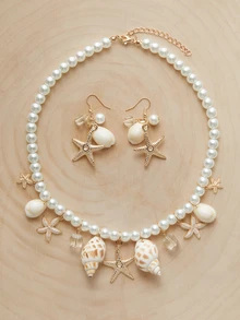 Glizzene Bộ 3 món trang sức chủ đề đại dương, đính ngọc trai giả, sao biển, vỏ sò, dây chuyền và bông tai, phù hợp cho nữ giới theo phong cách Bohemian, đi biển, trang phục thường ngày, kỳ nghỉ, quà tặng ngày lễ tình nhân, đám cưới. - Vàng - Xem 1