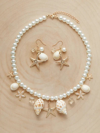 Glizzene Set de 3 piezas de collar y aretes con cuentas de perlas, estrellas de mar y conchas con tema oceánico, adecuado para mujeres en estilo bohemio, playa, uso casual, vacaciones, regalo de San Valentín, boda