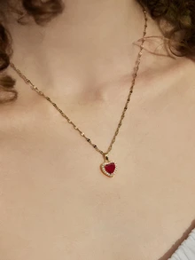 Hatastic 1pc Elegant Heart Copper Pendant Necklace, Heart Shape Necklace, Cubic Zirconia, Stainless Steel Chain, Summer Jewelry Gift For Girls And Women - Multicolor - View 3