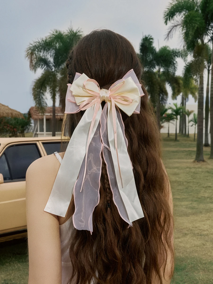 Hatastic 1pc Pastel Pink Sheer Extra Large Bow Wavy Streamer Double Layer Elasticated Clip, Elegant & Gentle Hair Clip Accessory, Spring Valentines, School Stuff, College, Pink Hair Clips, Bows, Cute, Hair Accessories Music Fest Halloween - Multicolor - View 1