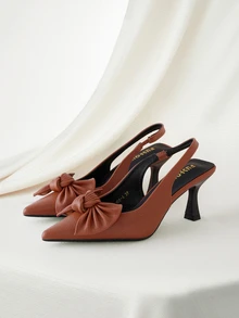 Clariva Fall/Winter 2025 Bowknot Chunky Heel Pumps Women Pointed Low Vamp Hollow Out Sandals, Elegant, Kitten Heels - Brown - View 1