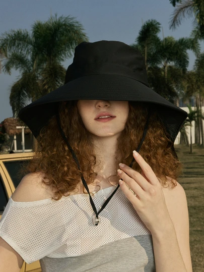 女士夏季戶外太陽帽,帶馬尾孔,可防紫外線,韓國時尚寬邊披肩桶帽