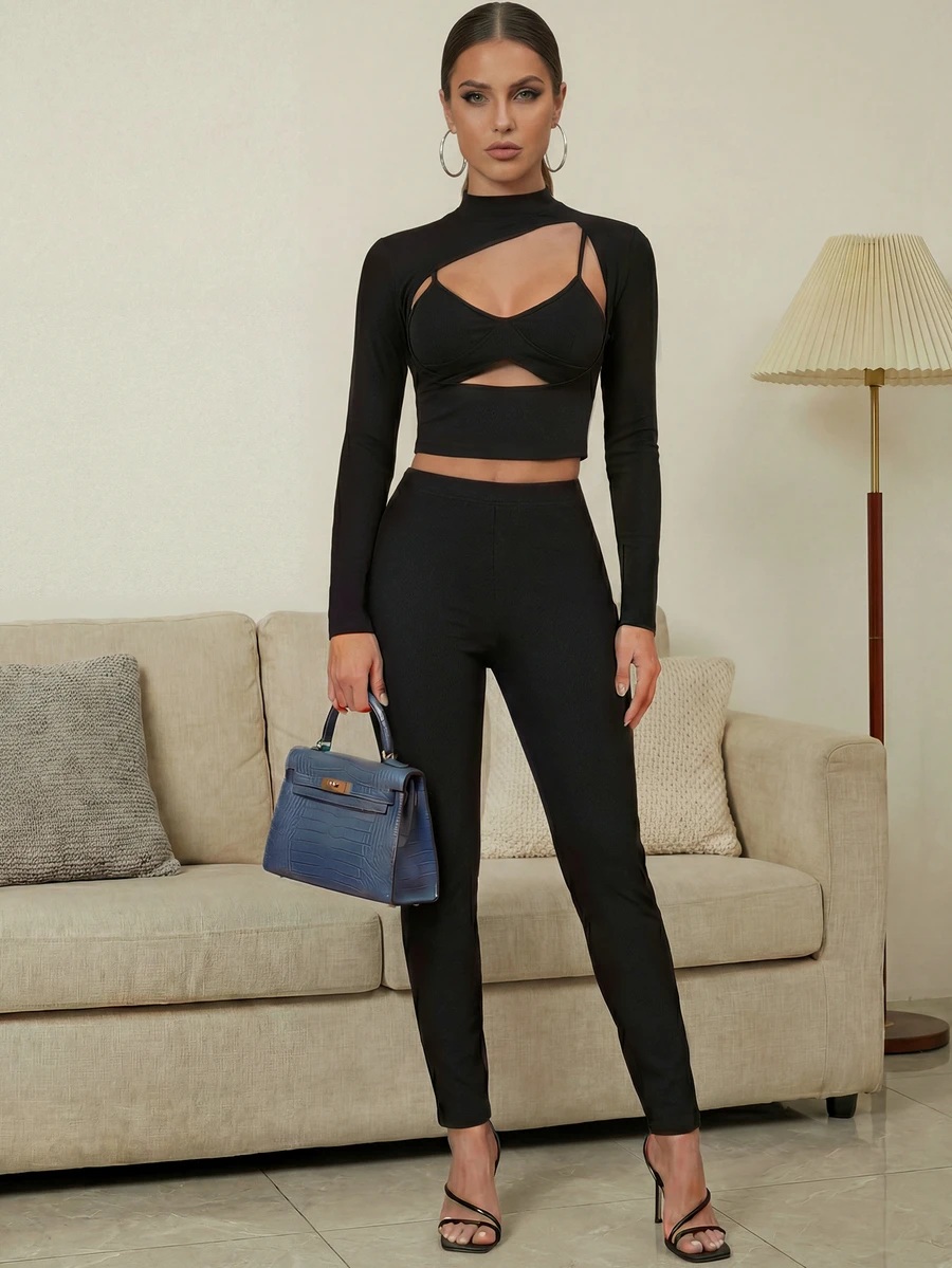 Women's Autumn New Fashion Hollow-Out Sexy High Collar Long Sleeve Top And Skinny Pants Set - Black - View 1