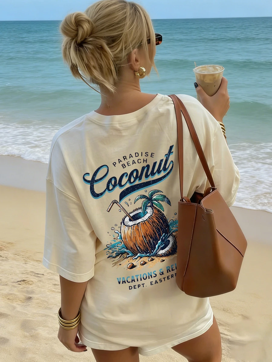 تي شيرت قصير الأكمام بطبعة جوز الهند بياقة مستديرة، موضة وتعدد الاستخدامات لنساء - لون مشمشي - مشاهدة 1