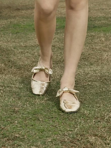 Hatastic 2025 Autumn Spring Summer New Low Vamp Bow French Style Soft Leather Square Toe Low-Heeled Shoes,Ballet Flats - Gold - View 1