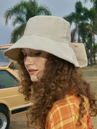 Hatastic 1 件蝴蝶结装饰宽边渔夫帽，适合春夏季度假户外防晒