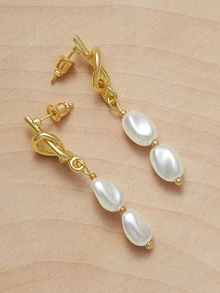 1pair Knotted Shaped Metal Asymmetrical Pearl Pendant Earrings Valentine's Day Wedding Wedding - Gold - View 2