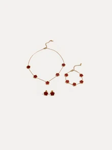 TuEzra 3入組經典五瓣幸運不鏽鋼耳針,鏈子項鍊,手鐲套裝,歐美時尚配飾 - 紅色 - 查看 2