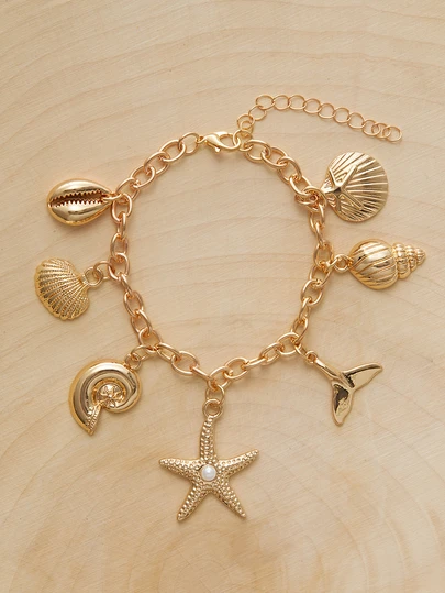Glizzene 1pc 18K Gold Plated Alloy Starfish, Shell, Mermaid Pendant Bracelet, Suitable For Daily Wear And Vacation Valentine's Day Wedding
