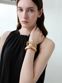 CHICVUE 5pcs/1set Vintage Elegant Bohemian Style Delicate Floral Plain Twisted Geometric Open Bangle Bracelet Set, Suitable For Women Daily, Party, Holiday, Perfect Gift Choice - Gold - View 4