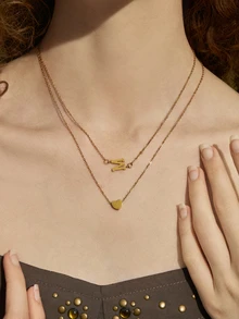 Hatastic 2Pcs/Set Classic Stainless Steel Heart Initial Pendant Chain Layered Necklaces For Women - Yellow Gold - View 2