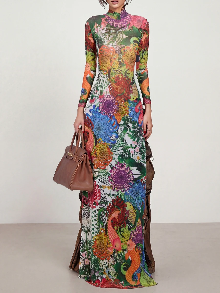 Summer Street Snake Skin Print High Neck High Slit Maxi Top - Multicolor - View 1