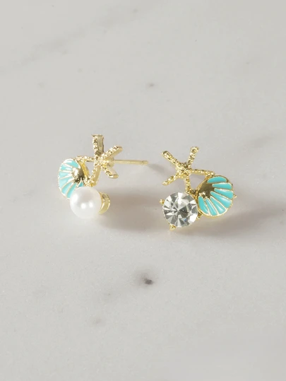 Clariva 一对优雅树脂蓝色贝壳和海星海滩度假风格耳环