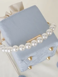 Clariva Bolso bandolera con caja acolchada con perlas y cordón a la moda - Celeste - Ver 5