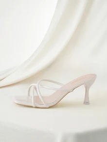 Clariva 全新大码女式舒适简约交叉露趾方头百搭细跟皮革高跟凉鞋，休闲时尚户外沙滩夏季鞋 - 白色 - 查看 2