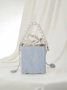 Clariva Bolso bandolera con caja acolchada con perlas y cordón a la moda - Celeste - Ver 4