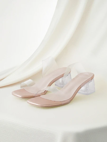 Clariva صندل أنيق للمرأة بكعب عالي بنعل شفاف ومرصع بالكريستال، أصابع مربعة بكعب سميك وزخرفي، مناسب للحفلات والشاطئ، راحة قدم وعدم انزلاق، كعب متوسط الارتفاع