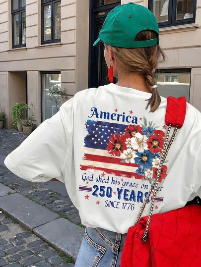 女士休闲短袖圆领T恤 - 印花图案，面料柔软舒适，可机洗，夏季上衣