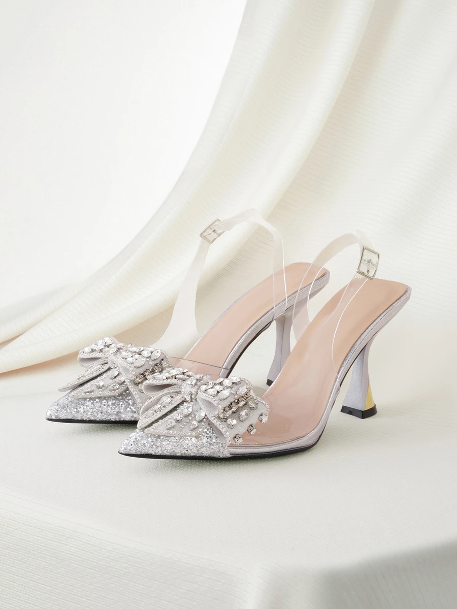 Clariva Fall/Winter 2025 Women's Pointed Toe High Heel Shoes With Rhinestone Bow Decoration, Back Strap, Perfect For Parties, Weddings, Spring And Summer, Silver PVC Glitter Shiny High Heels Valentines,Elegant,Women Pumps,Elegant,Party Outfits - Silver - View 1