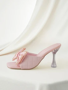 Clariva Fashionable And Comfortable Round Toe Pink Butterfly Decor Slip-On Transparent Crystal Thin High-Heeled Sandals Valentines - Pink - View 2