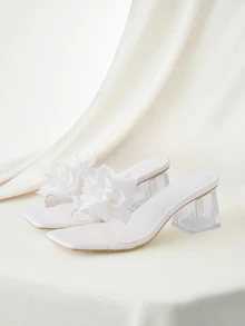 Clariva Plus Size Women Square Toe Transparent Thick Heel Lotus Decor Casual Slippers, Simple And Comfortable, Fashion Beach Style Sandals, Summer - White - View 1