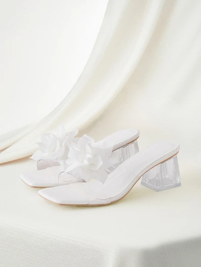 Clariva Plus Size Women Square Toe Transparent Thick Heel Lotus Decor Casual Slippers, Simple And Comfortable, Fashion Beach Style Sandals, Summer