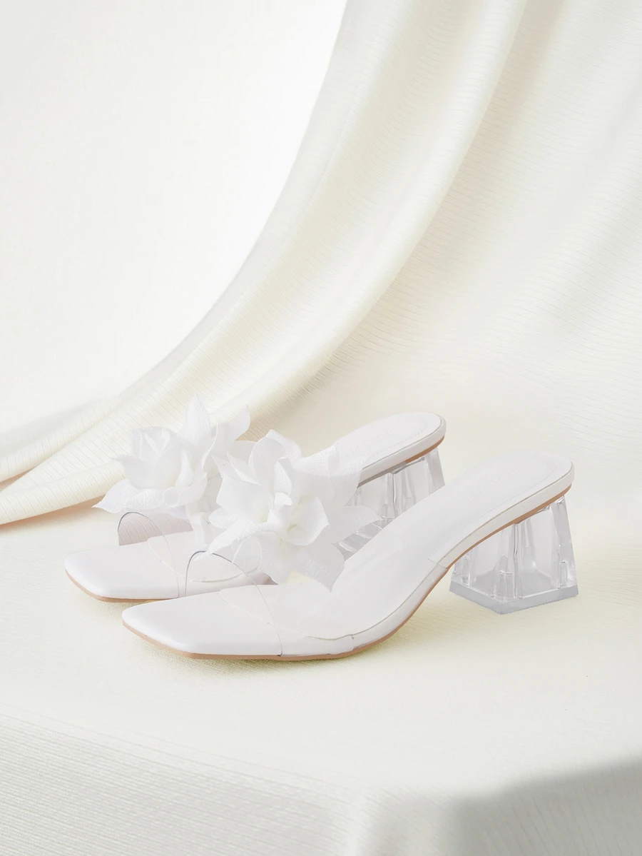 Clariva Plus Size Women Square Toe Transparent Thick Heel Lotus Decor Casual Slippers, Simple And Comfortable, Fashion Beach Style Sandals, Summer - White - View 1
