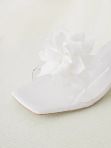 Clariva Plus Size Women Square Toe Transparent Thick Heel Lotus Decor Casual Slippers, Simple And Comfortable, Fashion Beach Style Sandals, Summer - White - View 5