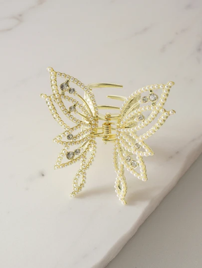 Clariva 1pc Minimalist Fashion Golden Butterfly Pearl Hair Clip (The Butterfly Wings Are Connected For Reinforcement) Fall Fashion Claw Clips Winter Hair Accessories For Women For Vacation Outfits Woman