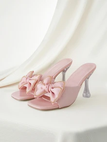 Clariva Fashionable And Comfortable Round Toe Pink Butterfly Decor Slip-On Transparent Crystal Thin High-Heeled Sandals Valentines - Pink - View 1