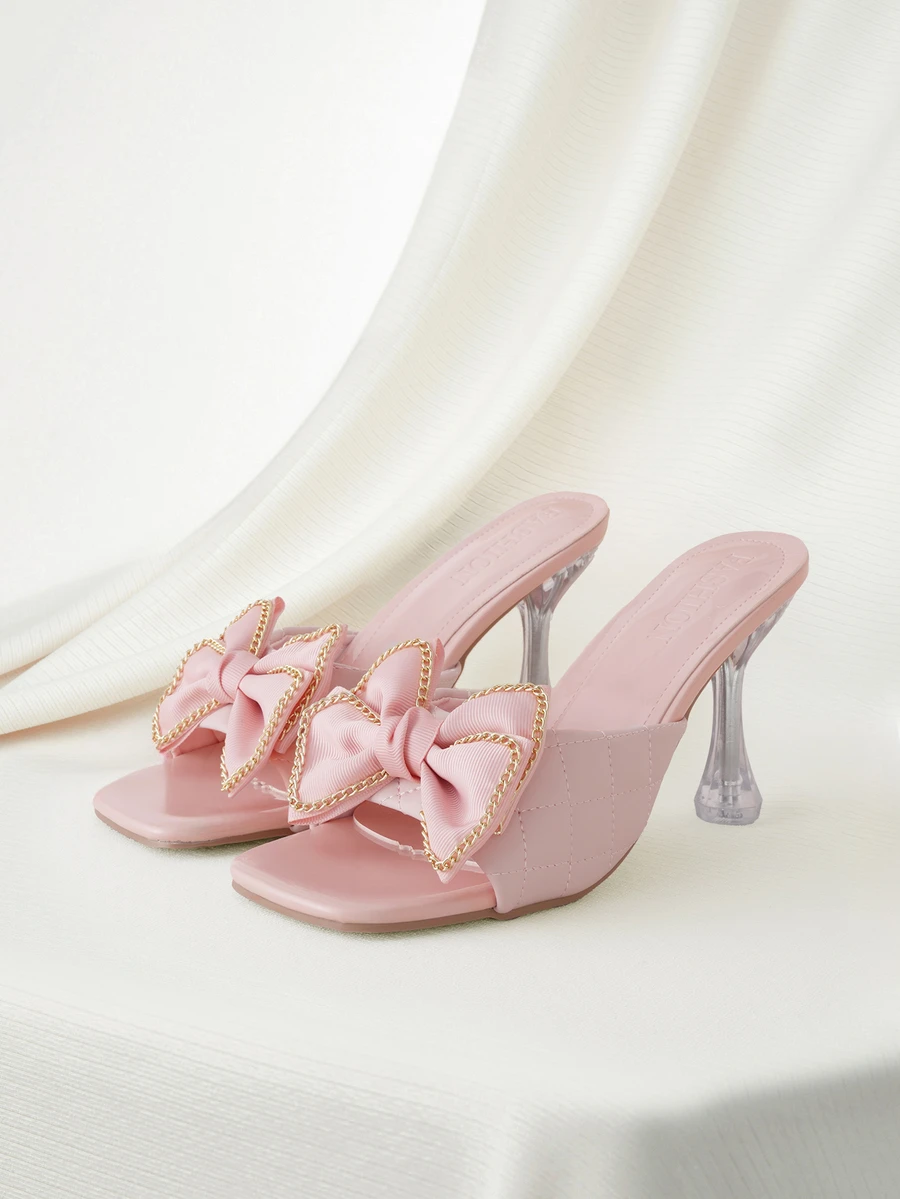Clariva Fashionable And Comfortable Round Toe Pink Butterfly Decor Slip-On Transparent Crystal Thin High-Heeled Sandals Valentines - Pink - View 1