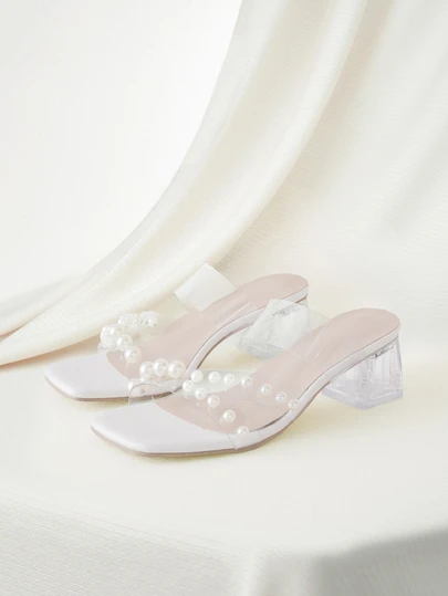 Clariva 女士夏季新款透明高跟拖鞋，时尚水晶高跟凉鞋，女士珍珠装饰性感方头高跟白色凉鞋适合夏季派对